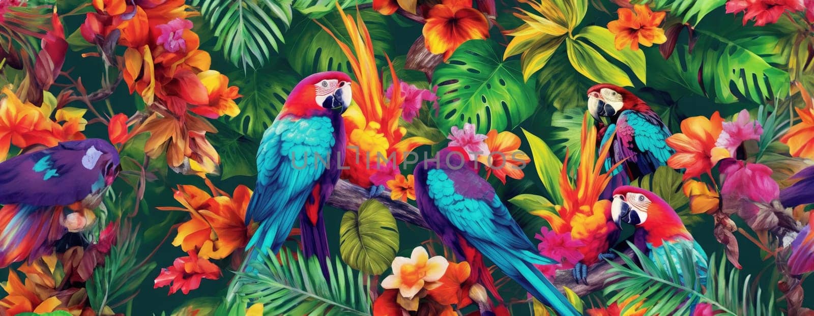 Tropical exotic pattern with animal and flowers in bright colors and lush vegetation. Ai Generative. by Benzoix