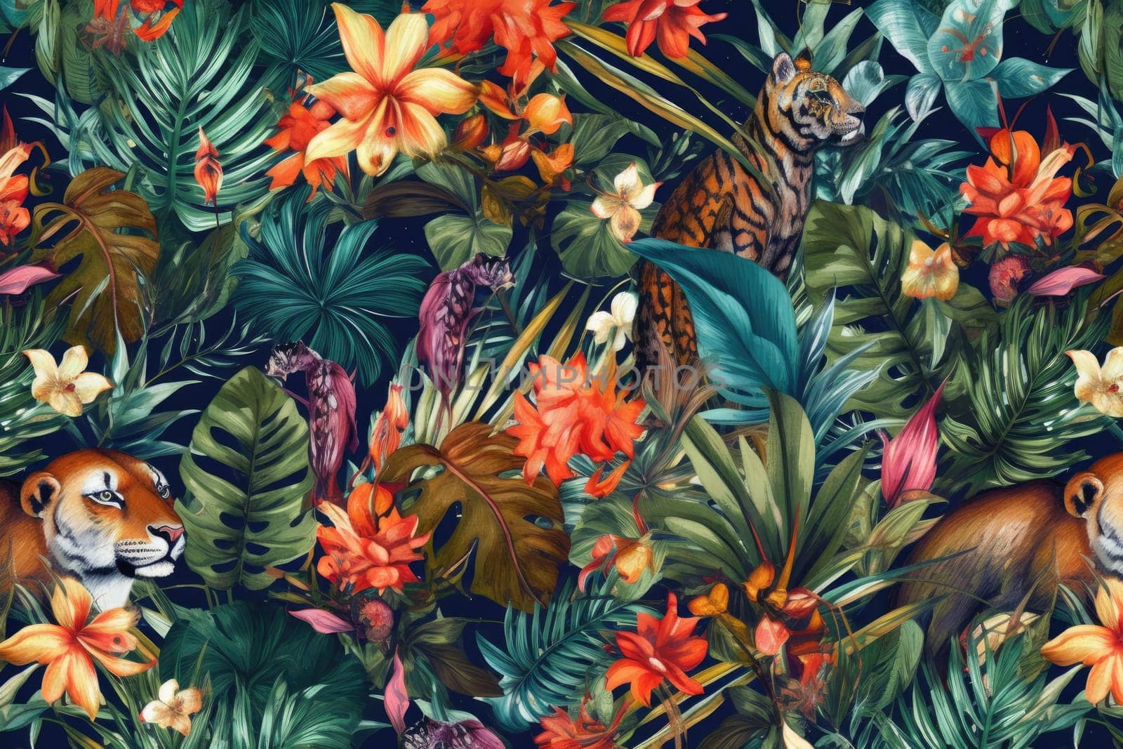 Tropical exotic pattern with animal and flowers in bright colors and lush vegetation. Ai Generative