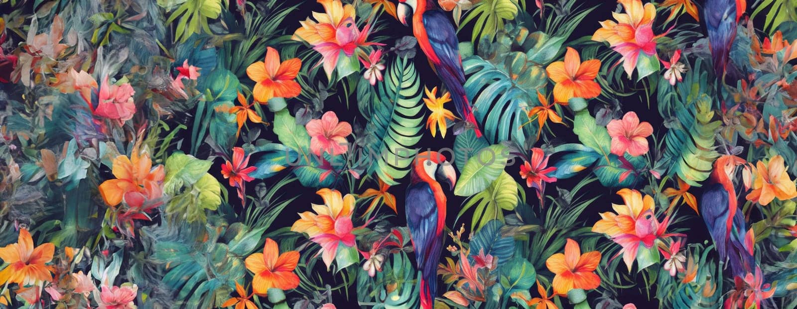 Tropical exotic pattern with animal and flowers in bright colors and lush vegetation. Ai Generative. by Benzoix