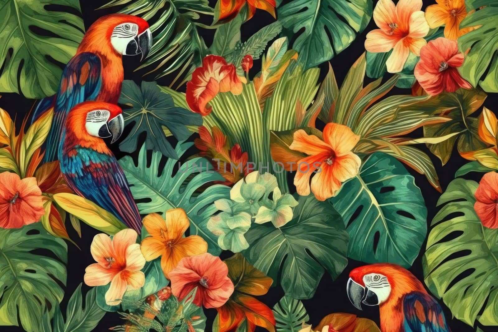 Tropical exotic pattern with animal and flowers in bright colors and lush vegetation. Ai Generative. by Benzoix