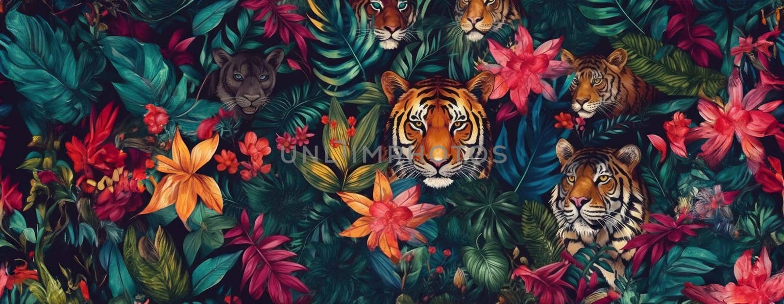 Tropical exotic pattern with animal and flowers in bright colors and lush vegetation. Ai Generative