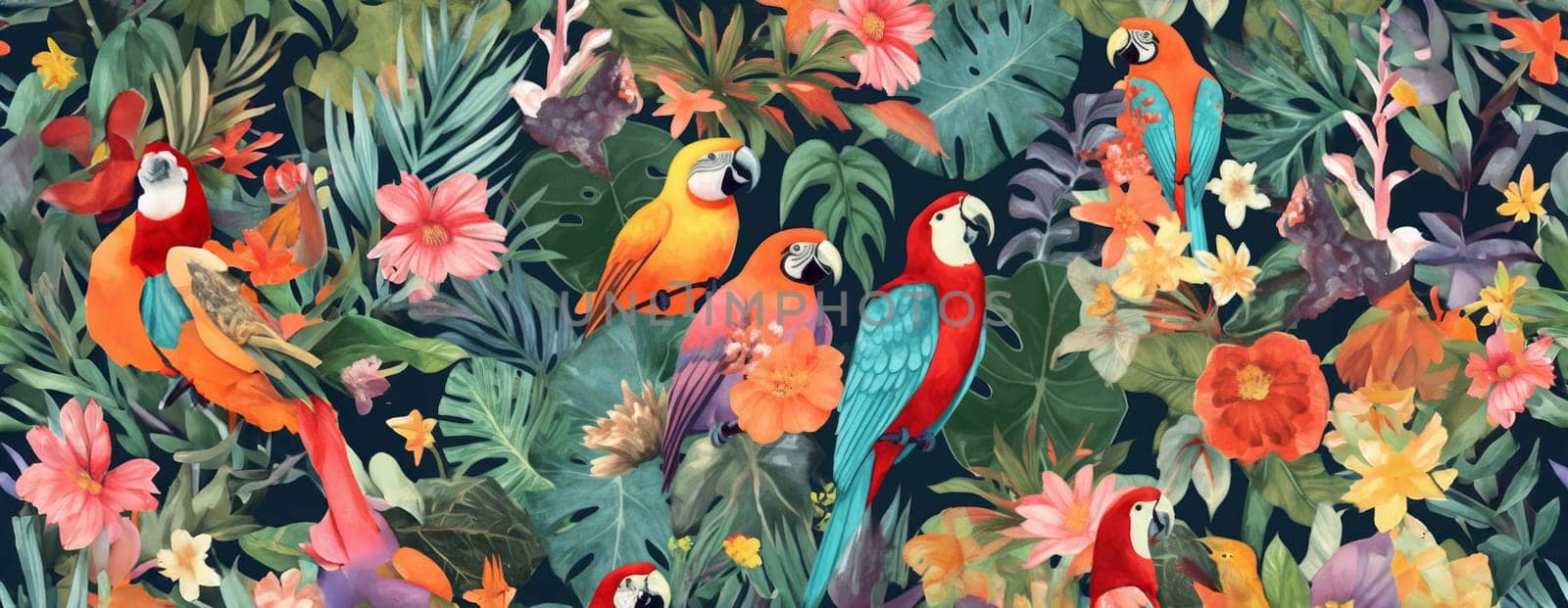 Tropical exotic pattern with animal and flowers in bright colors and lush vegetation. Ai Generative. by Benzoix