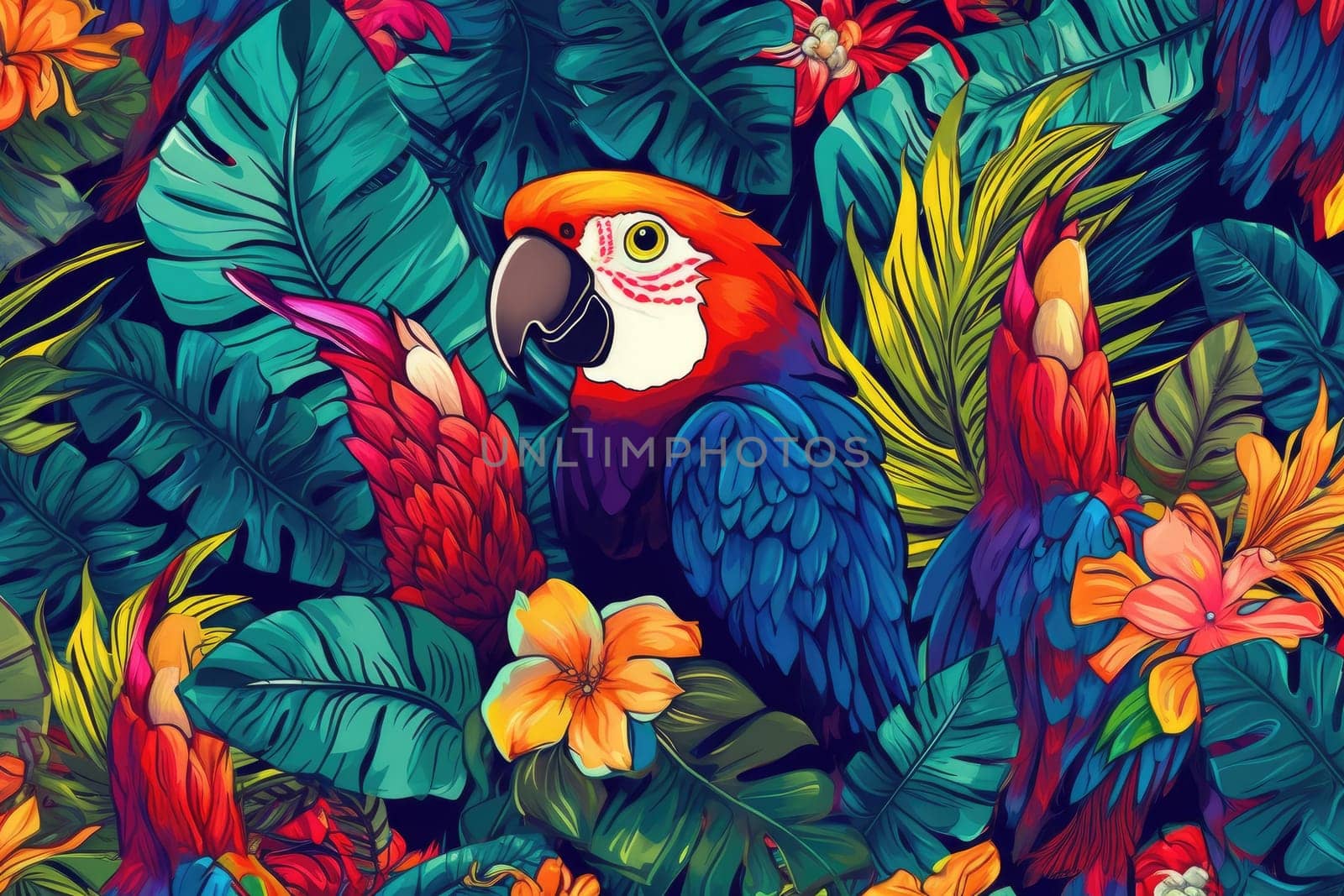 Tropical exotic pattern with animal and flowers in bright colors and lush vegetation. Ai Generative