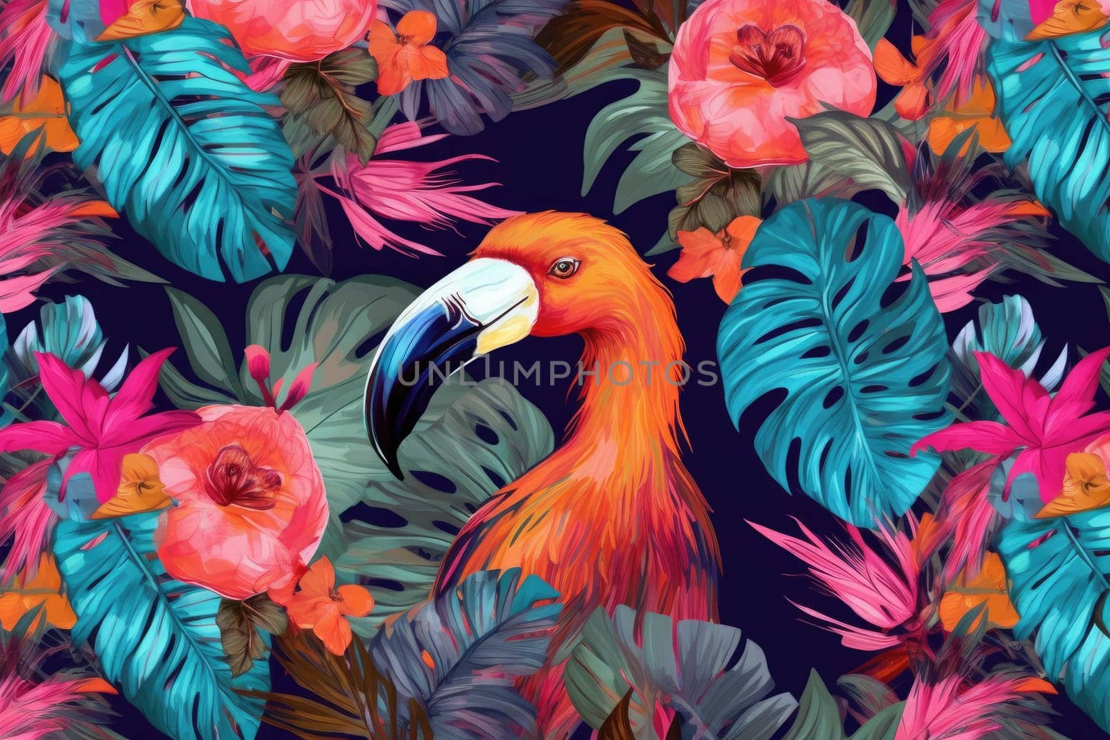 Tropical exotic pattern with animal and flowers in bright colors and lush vegetation. Ai Generative