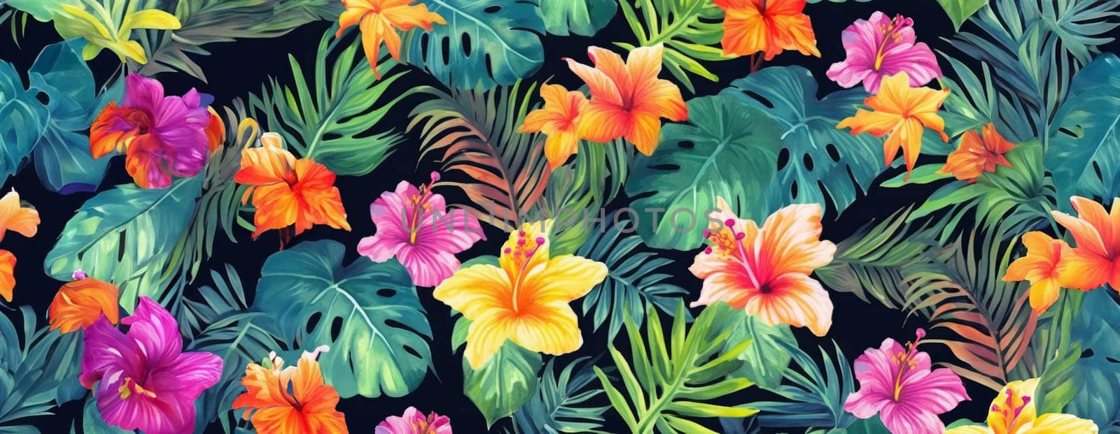 Tropical exotic pattern with animal and flowers in bright colors and lush vegetation. Ai Generative