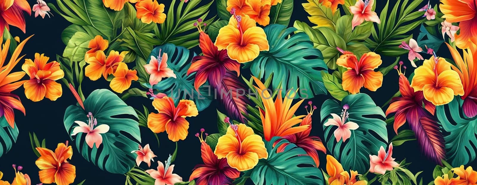 Tropical exotic pattern with animal and flowers in bright colors and lush vegetation. Ai Generative