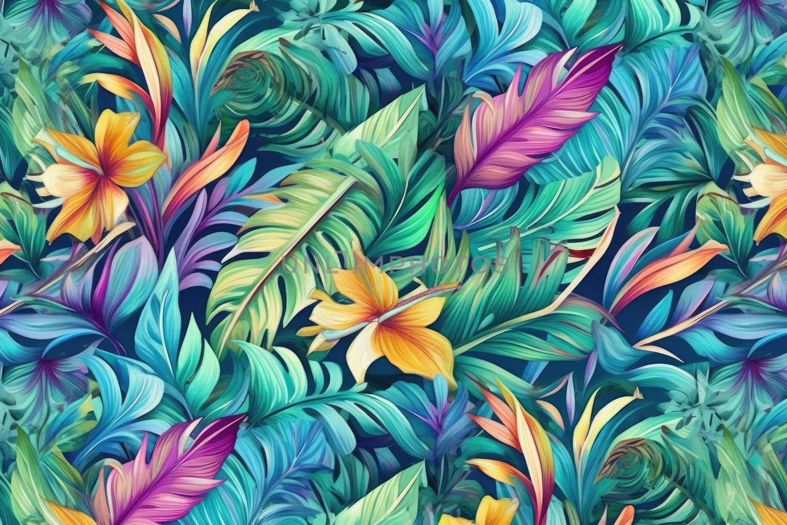 Tropical exotic pattern with animal and flowers in bright colors and lush vegetation. Ai Generative. by Benzoix