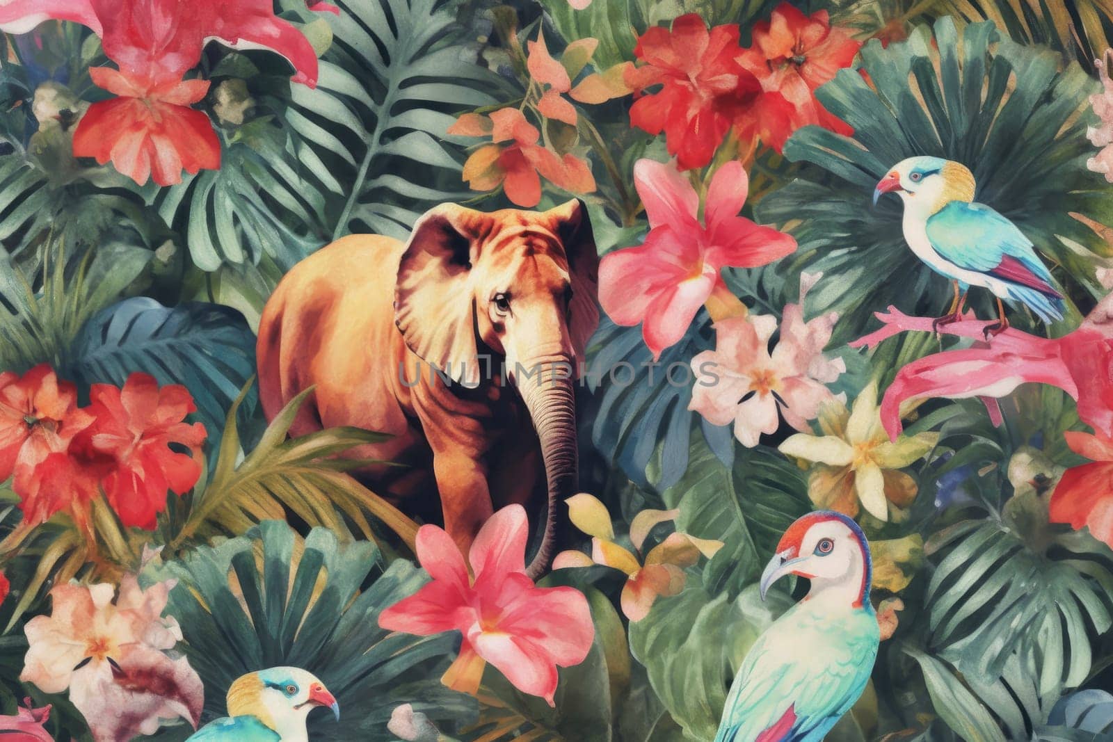 Tropical exotic pattern with animal and flowers in bright colors and lush vegetation. Ai Generative