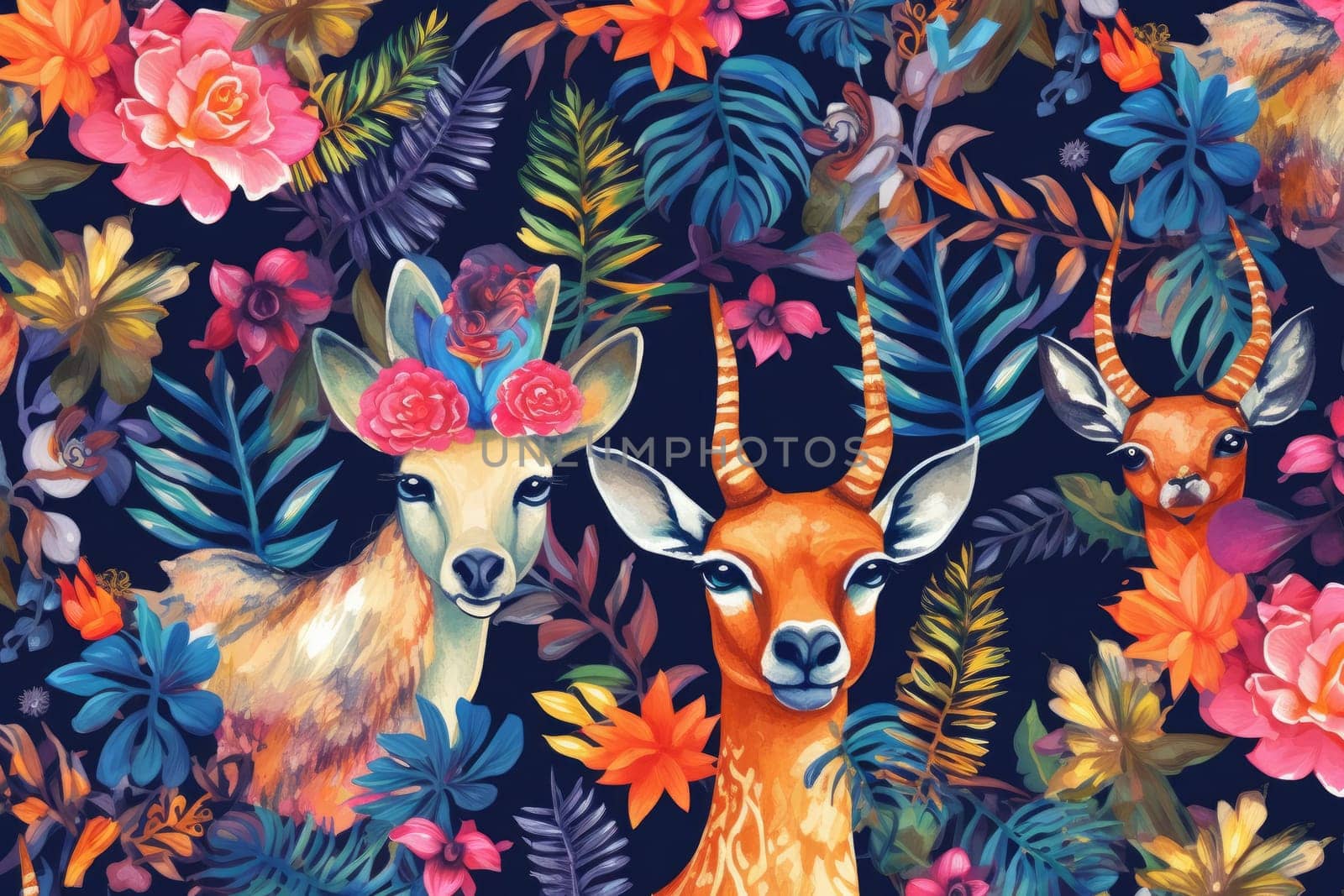 Tropical exotic pattern with animal and flowers in bright colors and lush vegetation. Ai Generative