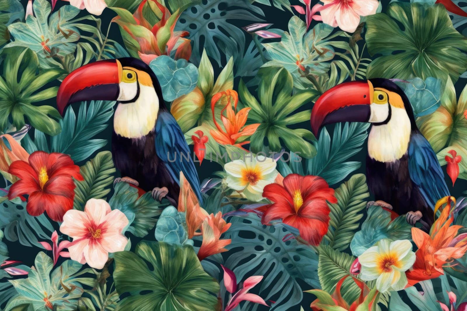 Tropical exotic pattern with animal and flowers in bright colors and lush vegetation. Ai Generative. by Benzoix