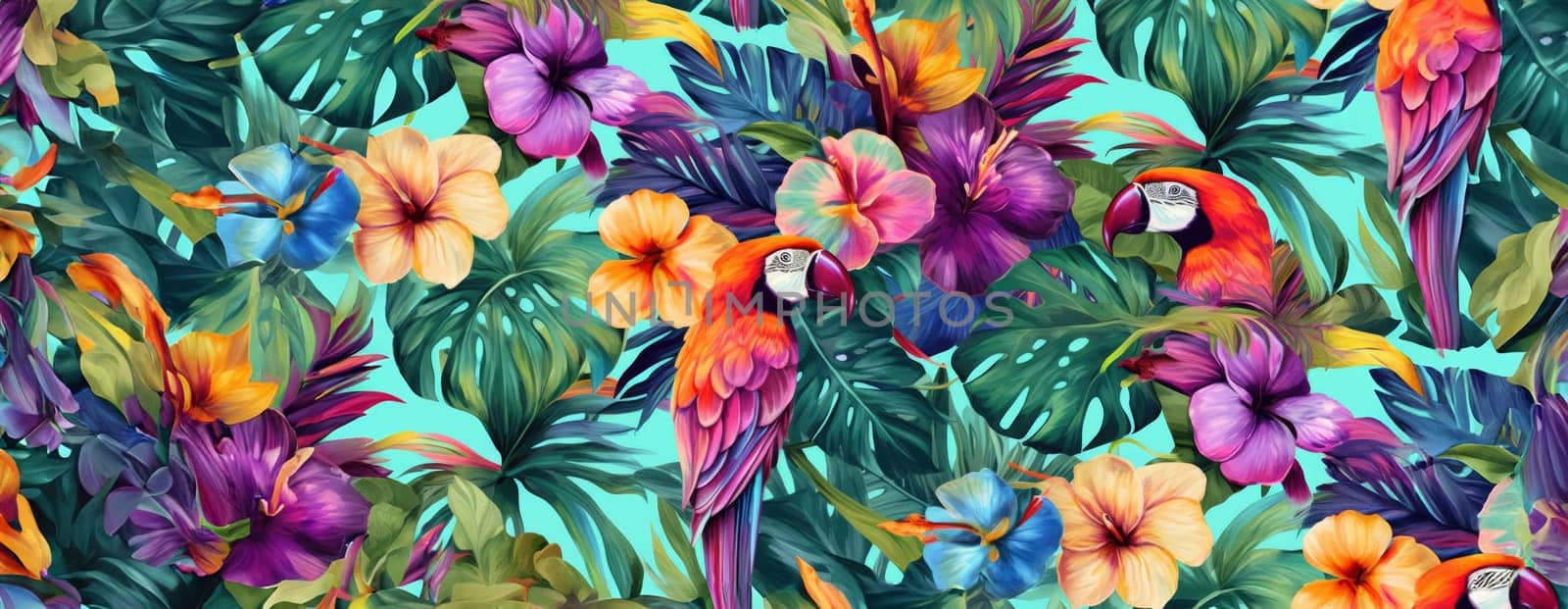 Tropical exotic pattern with animal and flowers in bright colors and lush vegetation. Ai Generative. by Benzoix