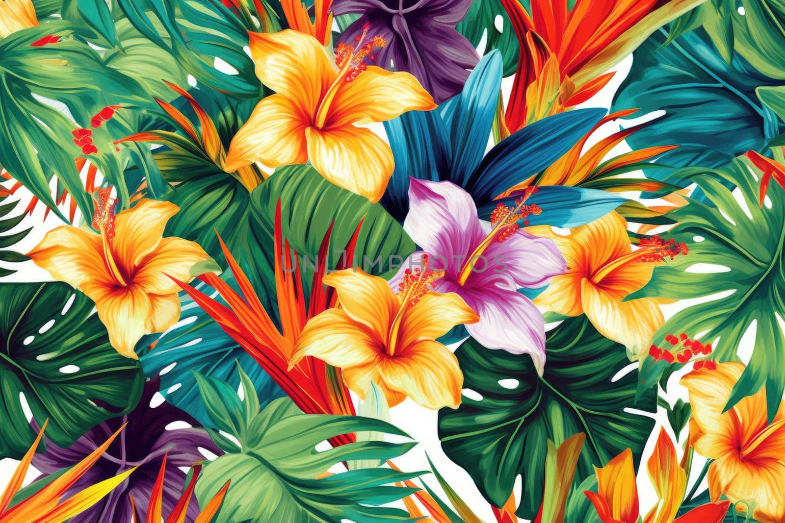 Tropical exotic pattern with animal and flowers in bright colors and lush vegetation. Ai Generative