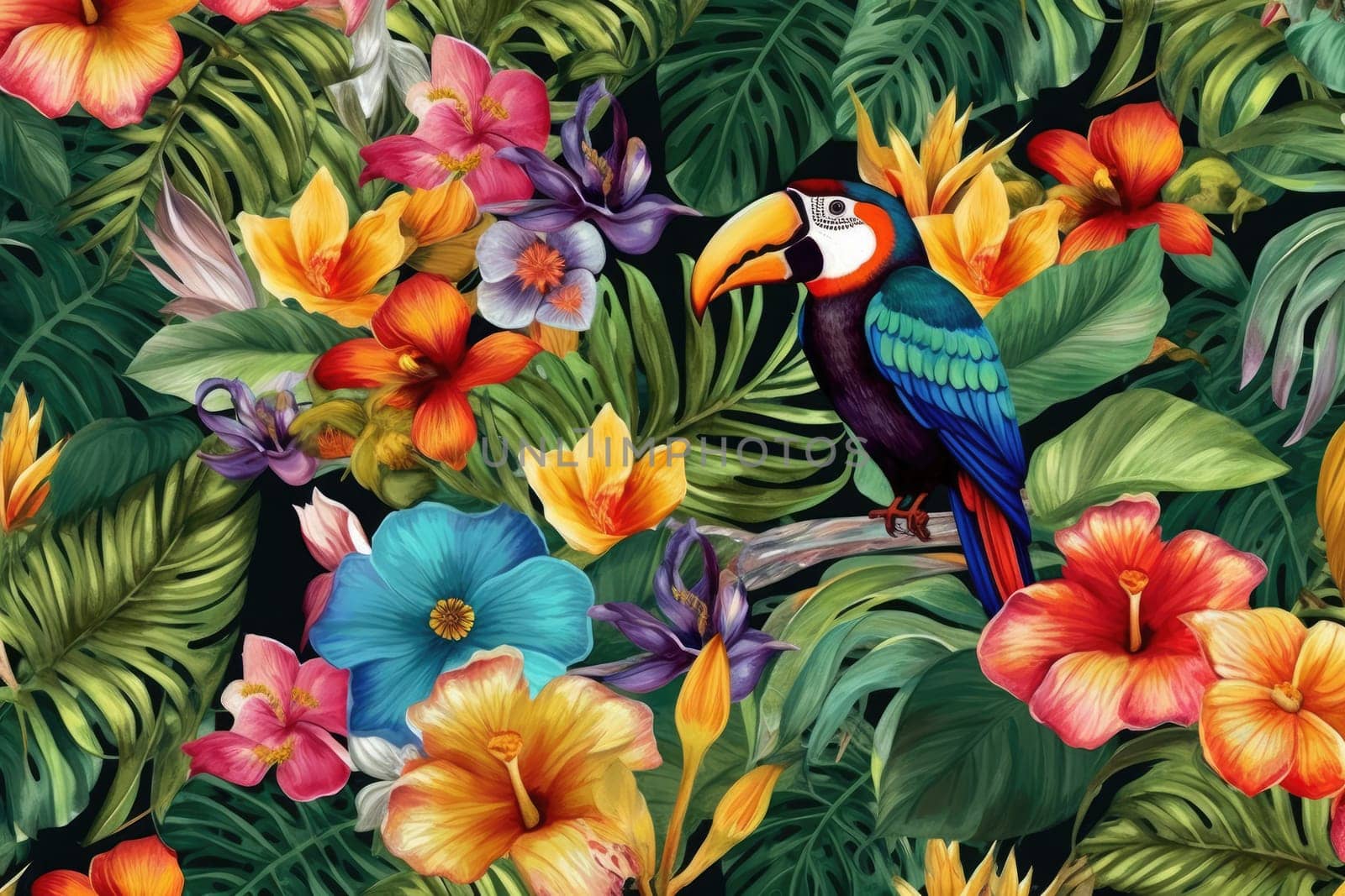 Tropical exotic pattern with animal and flowers in bright colors and lush vegetation. Ai Generative