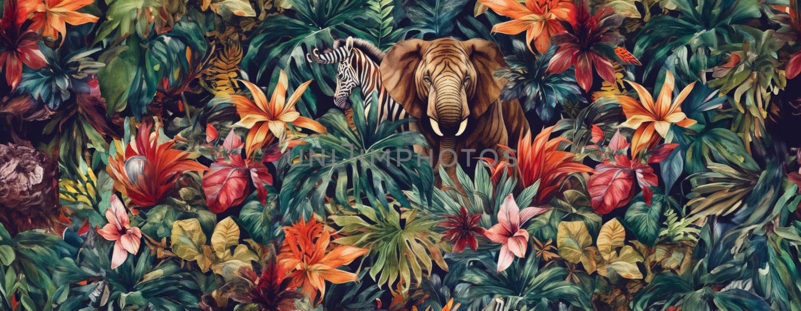 Tropical exotic pattern with animal and flowers in bright colors and lush vegetation. Ai Generative. by Benzoix