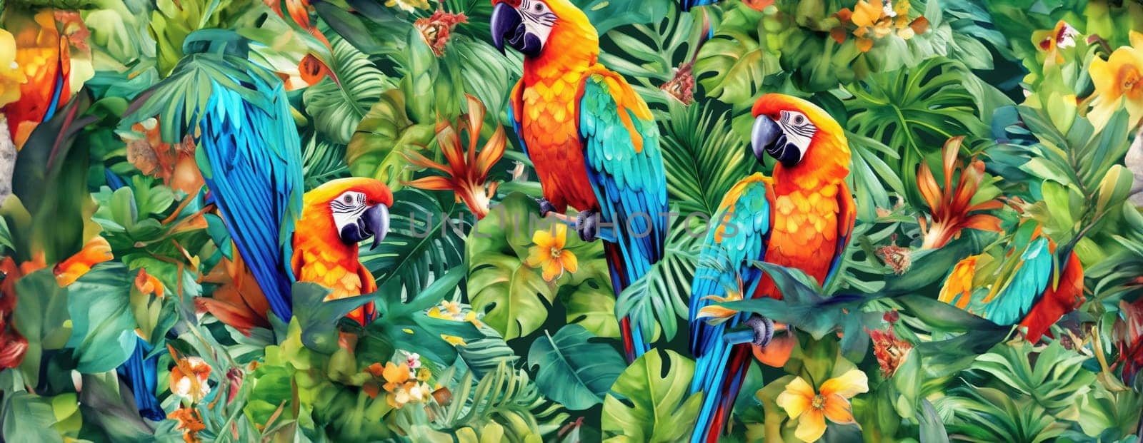 Tropical exotic pattern with animal and flowers in bright colors and lush vegetation. Ai Generative. by Benzoix