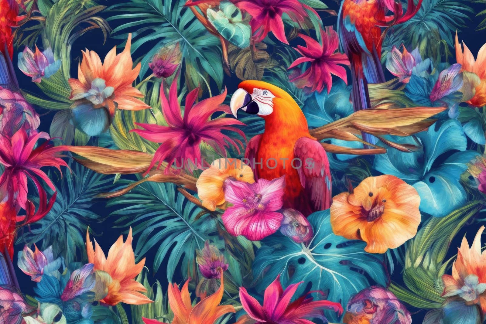 Tropical exotic pattern with animal and flowers in bright colors and lush vegetation. Ai Generative