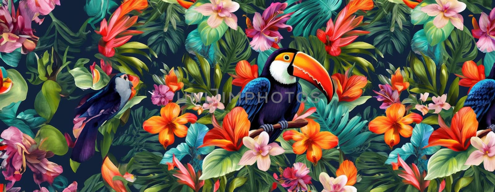 Tropical exotic pattern with animal and flowers in bright colors and lush vegetation. Ai Generative