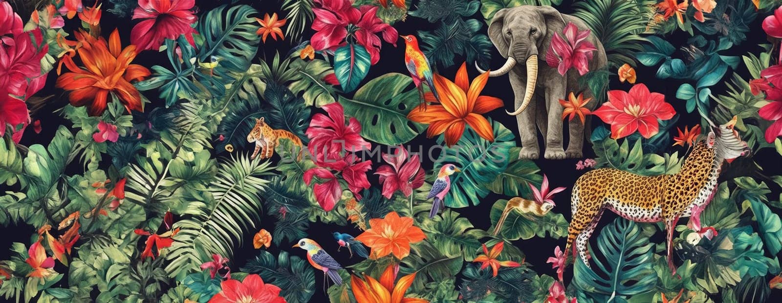 Tropical exotic pattern with animal and flowers in bright colors and lush vegetation. Ai Generative