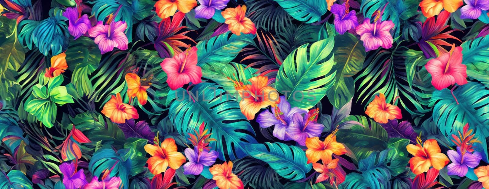 Tropical exotic pattern with animal and flowers in bright colors and lush vegetation. Ai Generative. by Benzoix