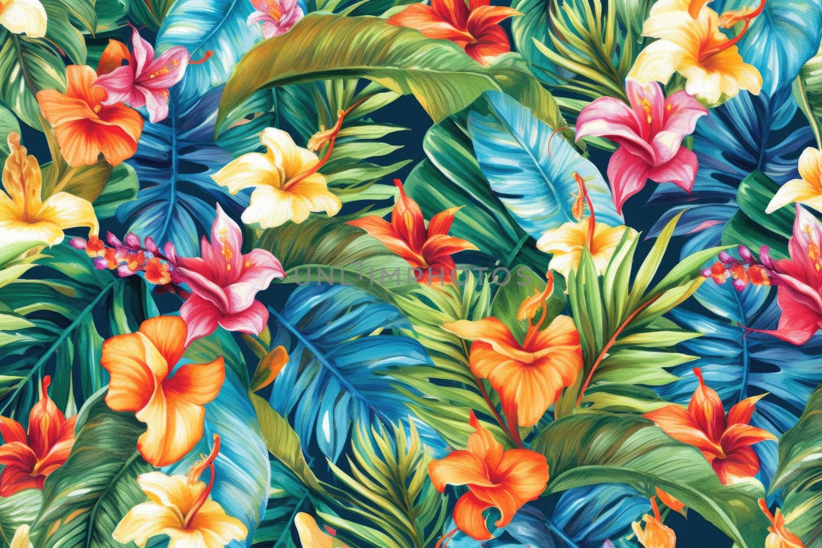 Tropical exotic pattern with animal and flowers in bright colors and lush vegetation. Ai Generative. by Benzoix