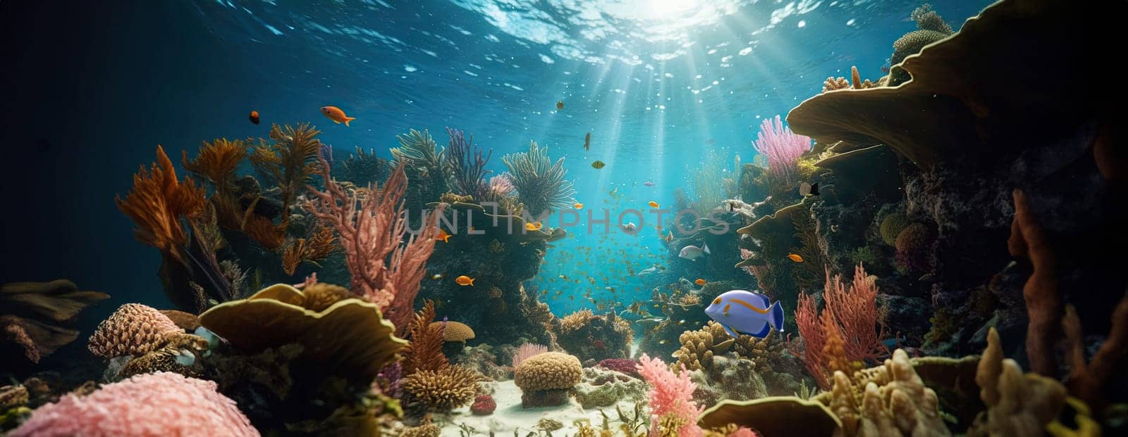 Tropical sea underwater fishes on coral reef. Aquarium oceanarium wildlife colorful marine panorama landscape nature snorkel diving. AI Generative