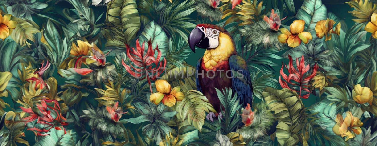 Tropical exotic pattern with animal and flowers in bright colors and lush vegetation. Ai Generative. by Benzoix