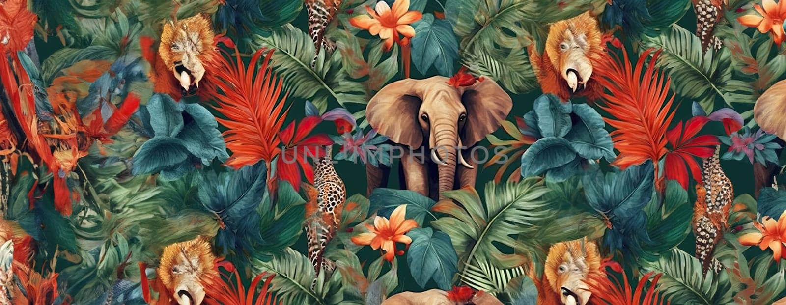 Tropical exotic pattern with animal and flowers in bright colors and lush vegetation. Ai Generative