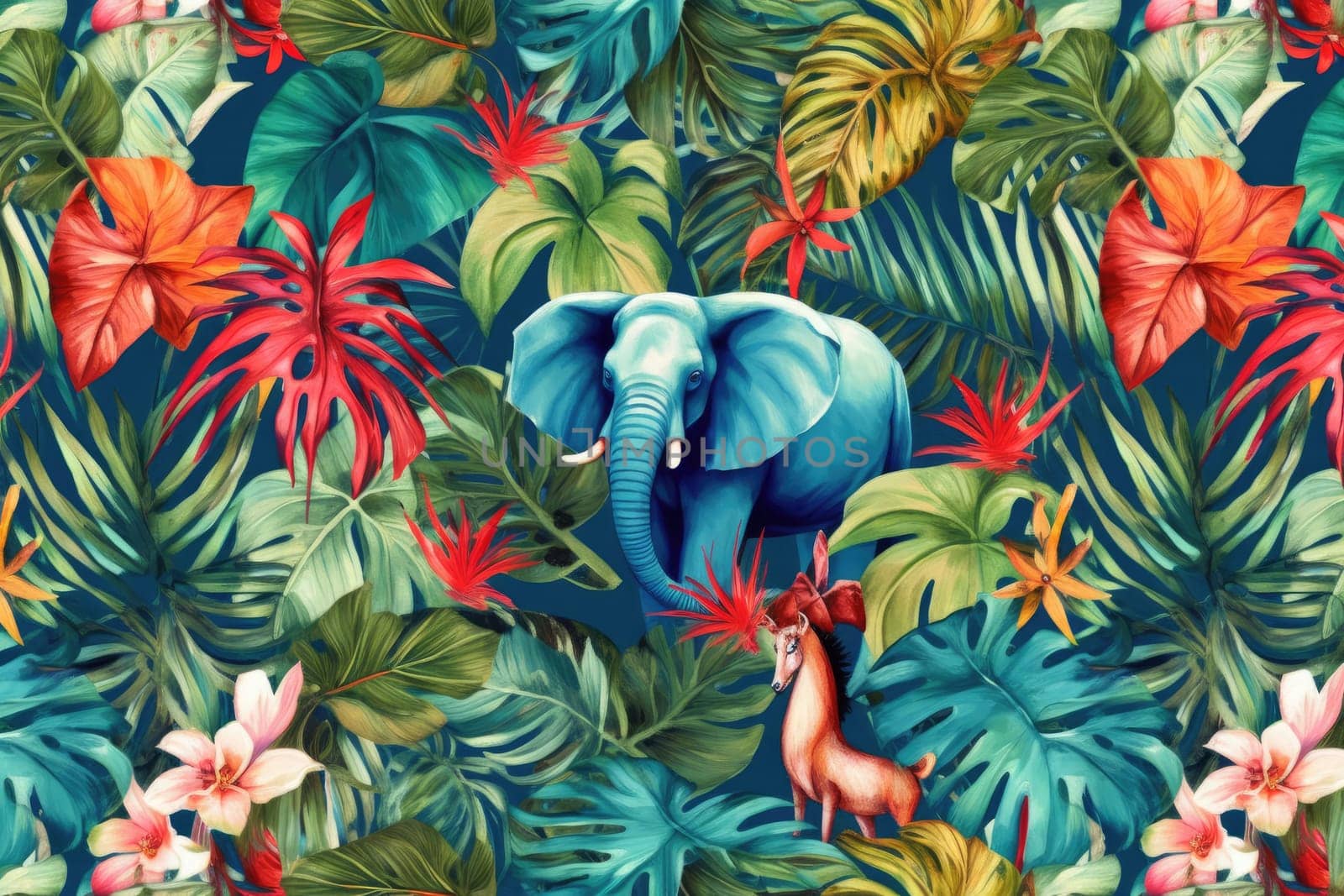 Tropical exotic pattern with animal and flowers in bright colors and lush vegetation. Ai Generative