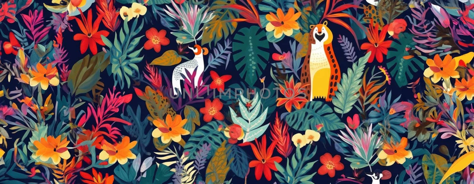 Tropical exotic pattern with animal and flowers in bright colors and lush vegetation. Ai Generative. by Benzoix