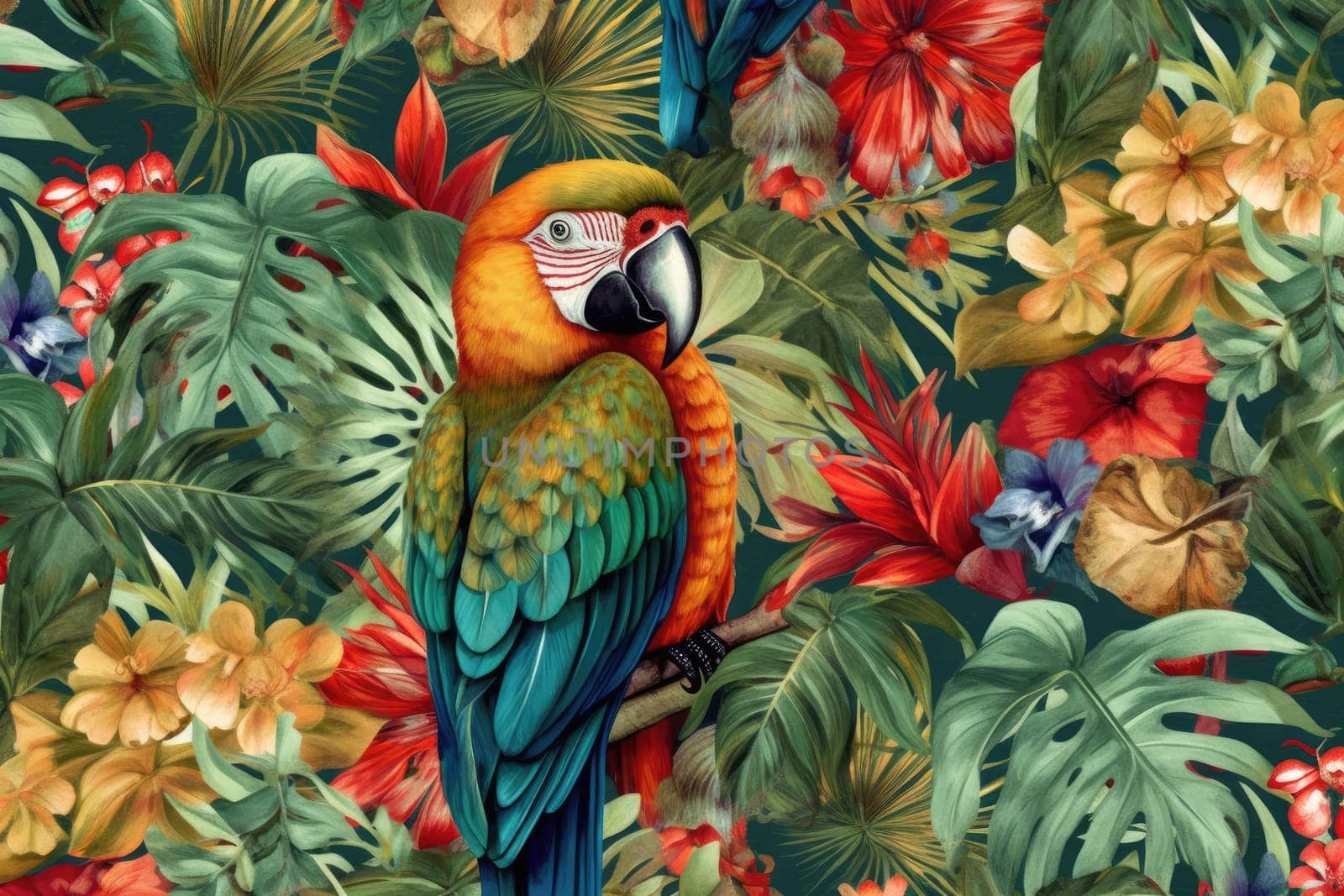 Tropical exotic pattern with animal and flowers in bright colors and lush vegetation. Ai Generative. by Benzoix