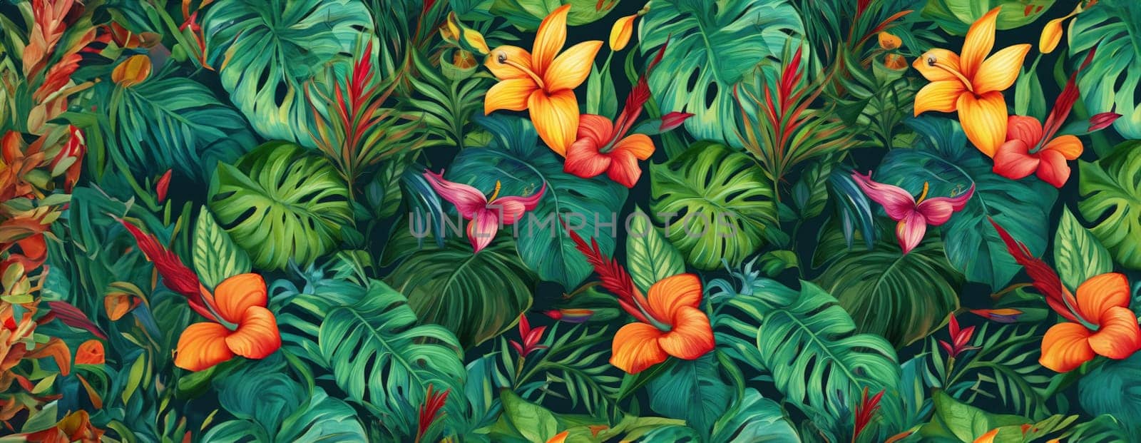 Tropical exotic pattern with animal and flowers in bright colors and lush vegetation. Ai Generative