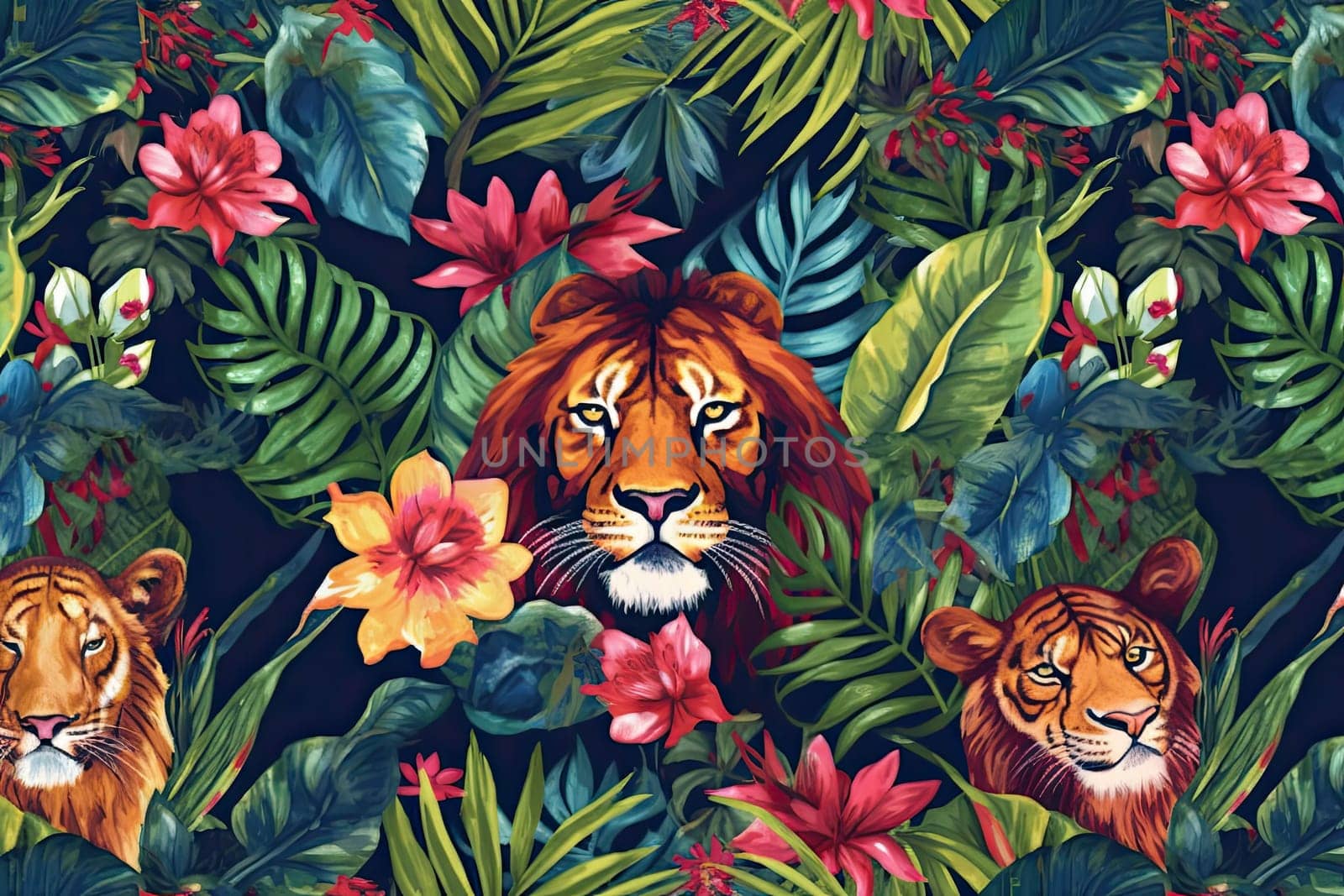 Tropical exotic pattern with animal and flowers in bright colors and lush vegetation. Ai Generative