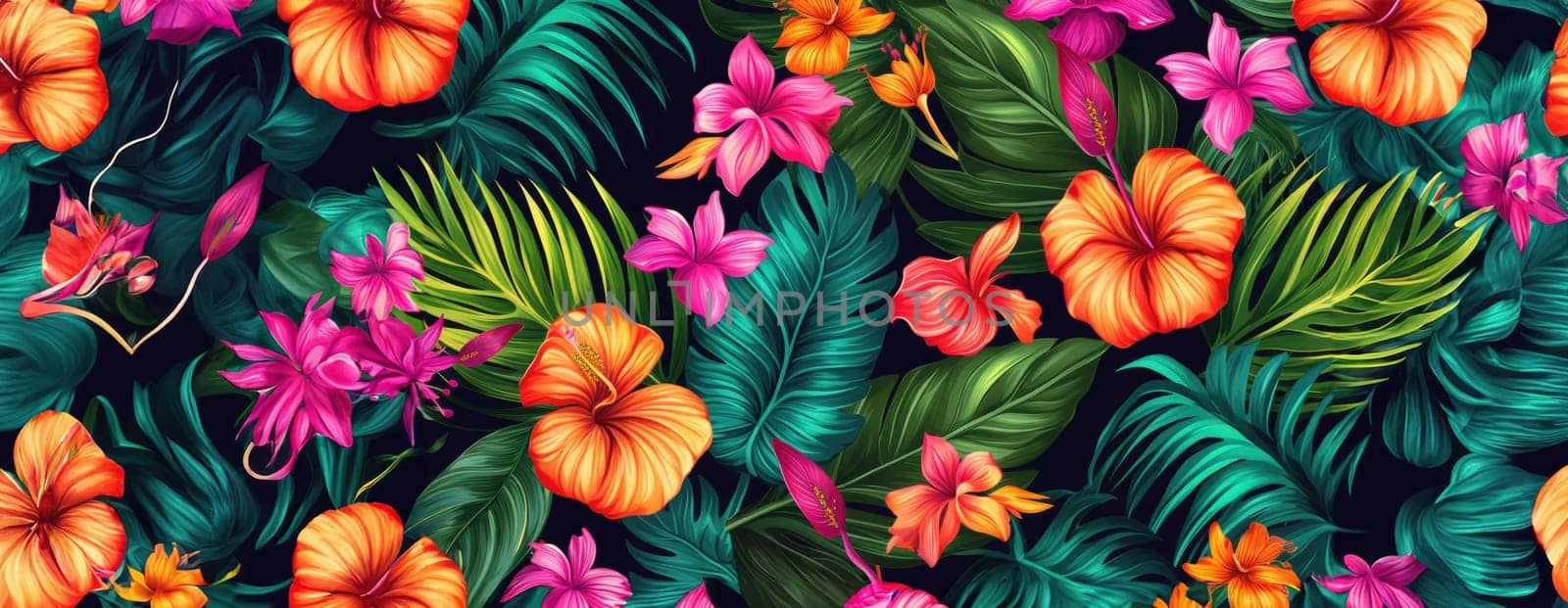 Tropical exotic pattern with animal and flowers in bright colors and lush vegetation. Ai Generative