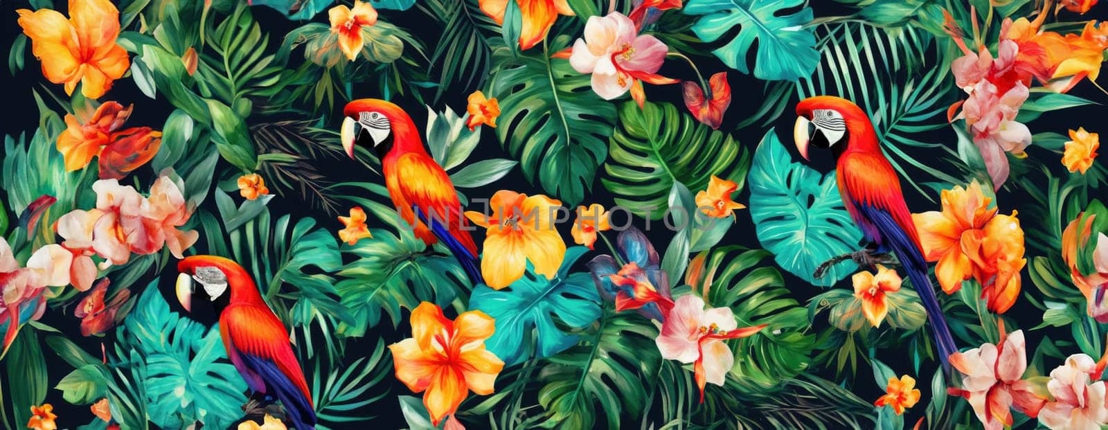 Tropical exotic pattern with animal and flowers in bright colors and lush vegetation. Ai Generative