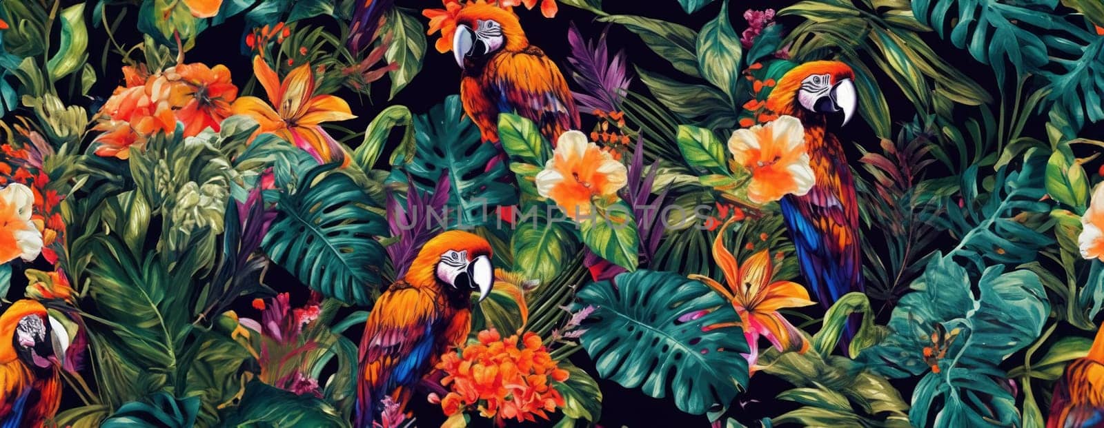 Tropical exotic pattern with animal and flowers in bright colors and lush vegetation. Ai Generative. by Benzoix