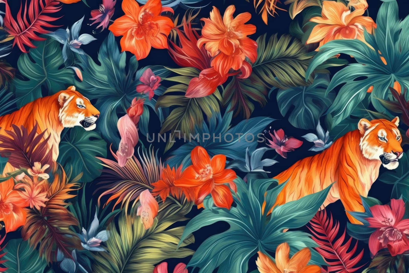 Tropical exotic pattern with animal and flowers in bright colors and lush vegetation. Ai Generative