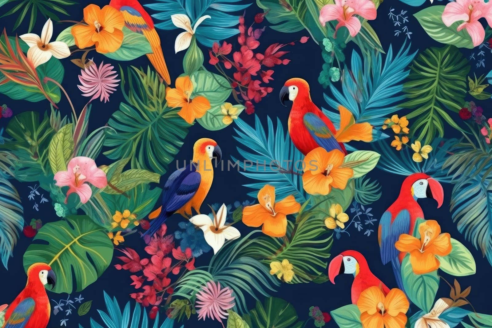 Tropical exotic pattern with animal and flowers in bright colors and lush vegetation. Ai Generative