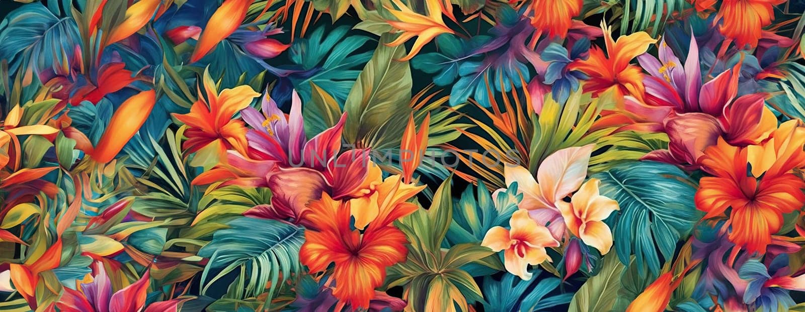 Tropical exotic pattern with animal and flowers in bright colors and lush vegetation. Ai Generative. by Benzoix