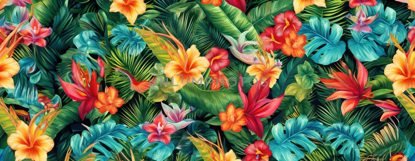 Tropical exotic pattern with animal and flowers in bright colors and lush vegetation. Ai Generative. by Benzoix