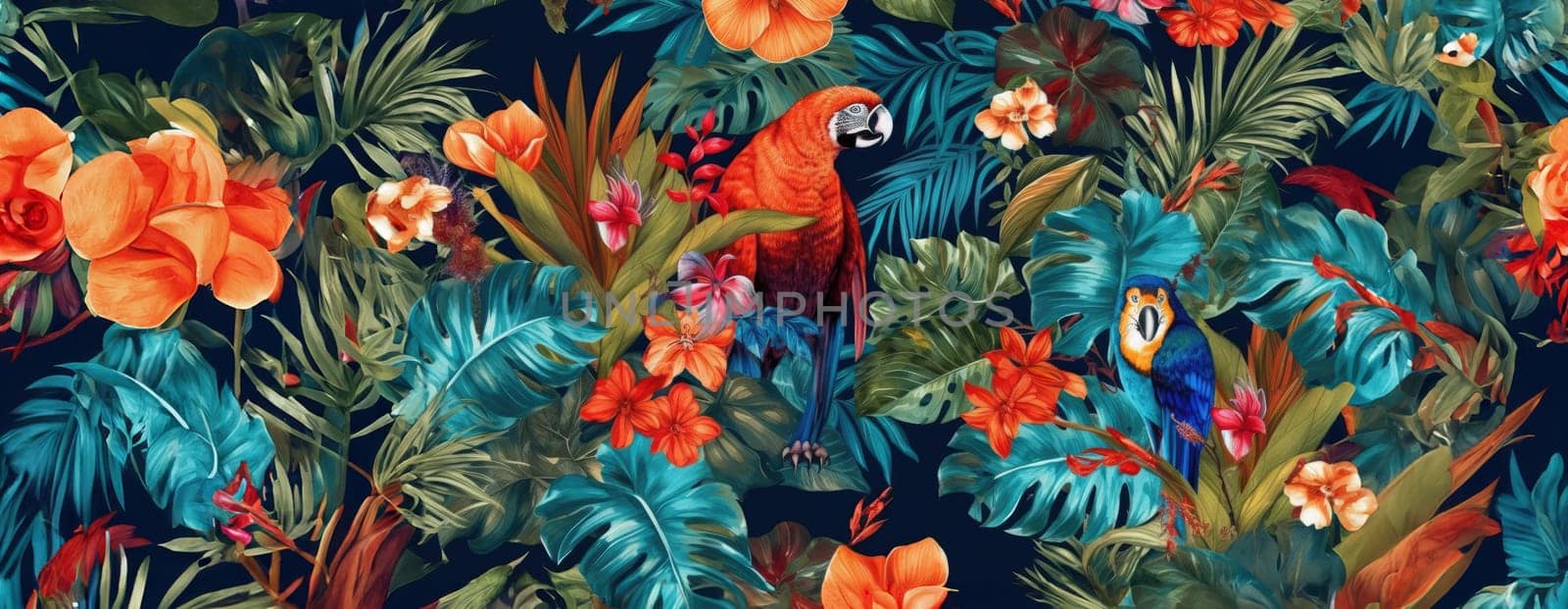 Tropical exotic pattern with animal and flowers in bright colors and lush vegetation. Ai Generative. by Benzoix