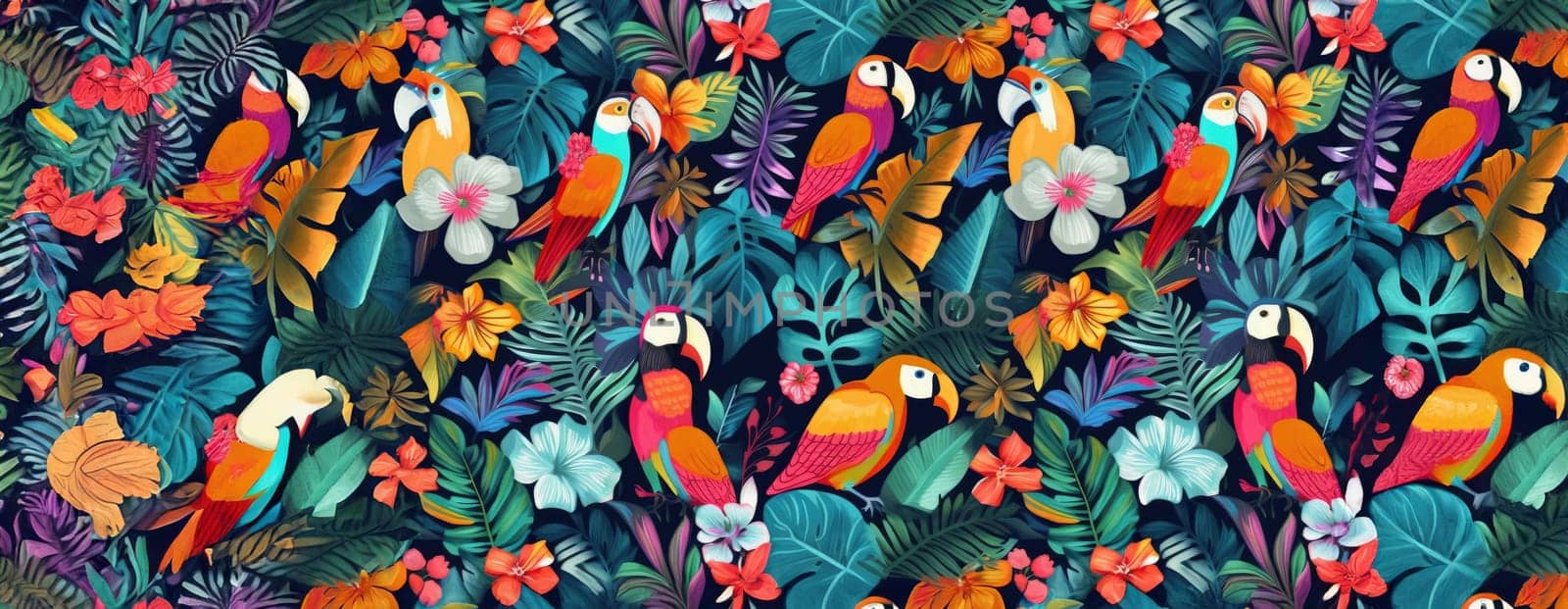 Tropical exotic pattern with animal and flowers in bright colors and lush vegetation. Ai Generative. by Benzoix