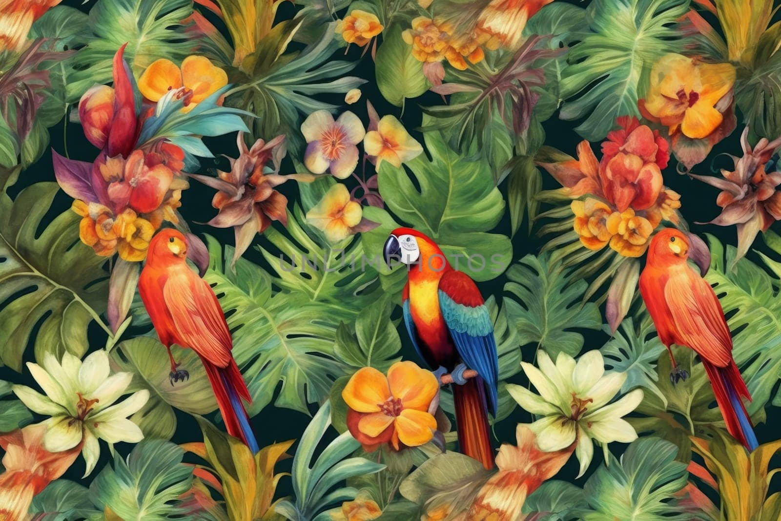 Tropical exotic pattern with animal and flowers in bright colors and lush vegetation. Ai Generative