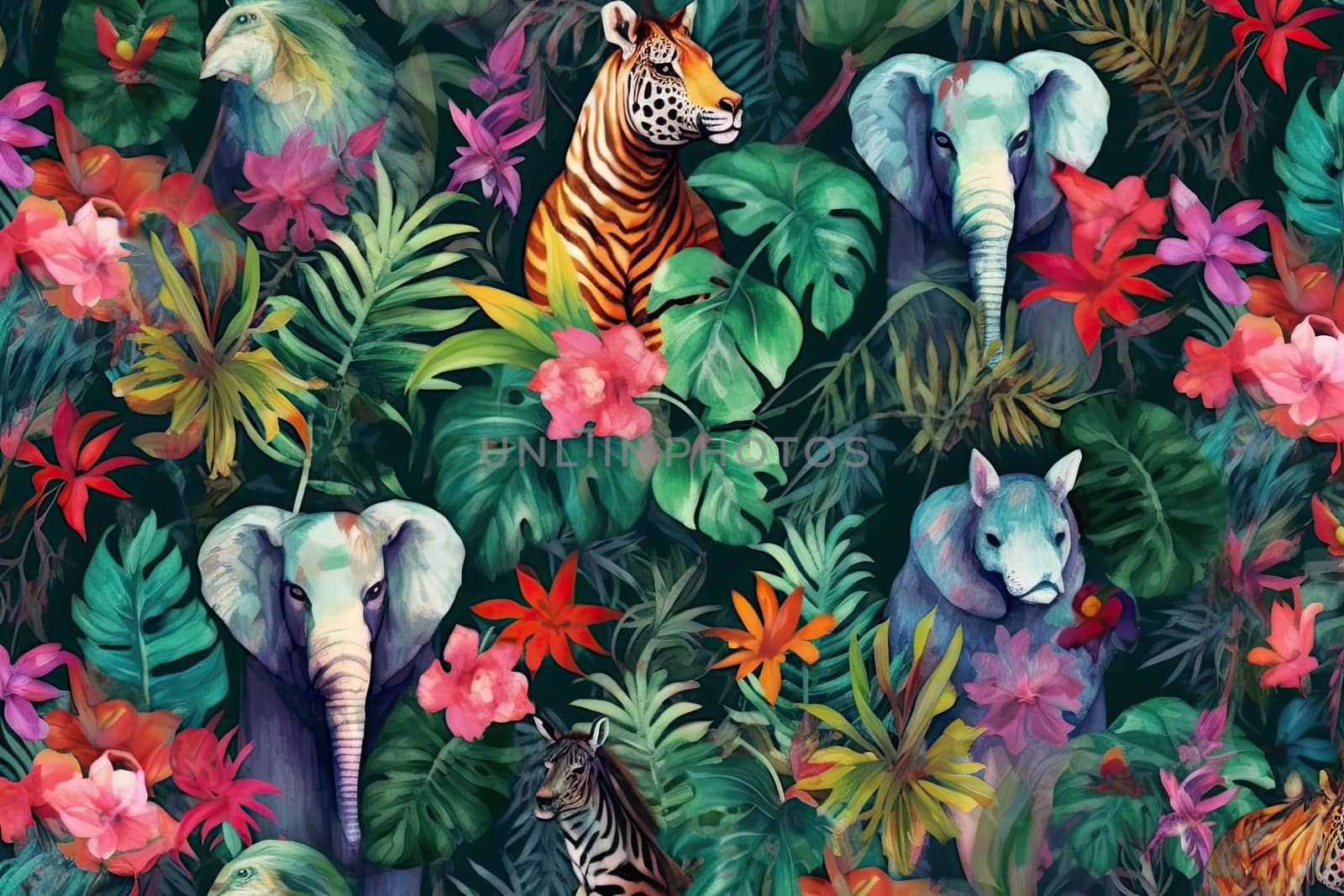 Tropical exotic pattern with animal and flowers in bright colors and lush vegetation. Ai Generative. by Benzoix