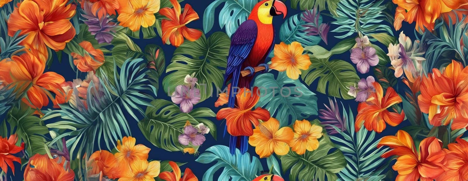 Tropical exotic pattern with animal and flowers in bright colors and lush vegetation. Ai Generative. by Benzoix