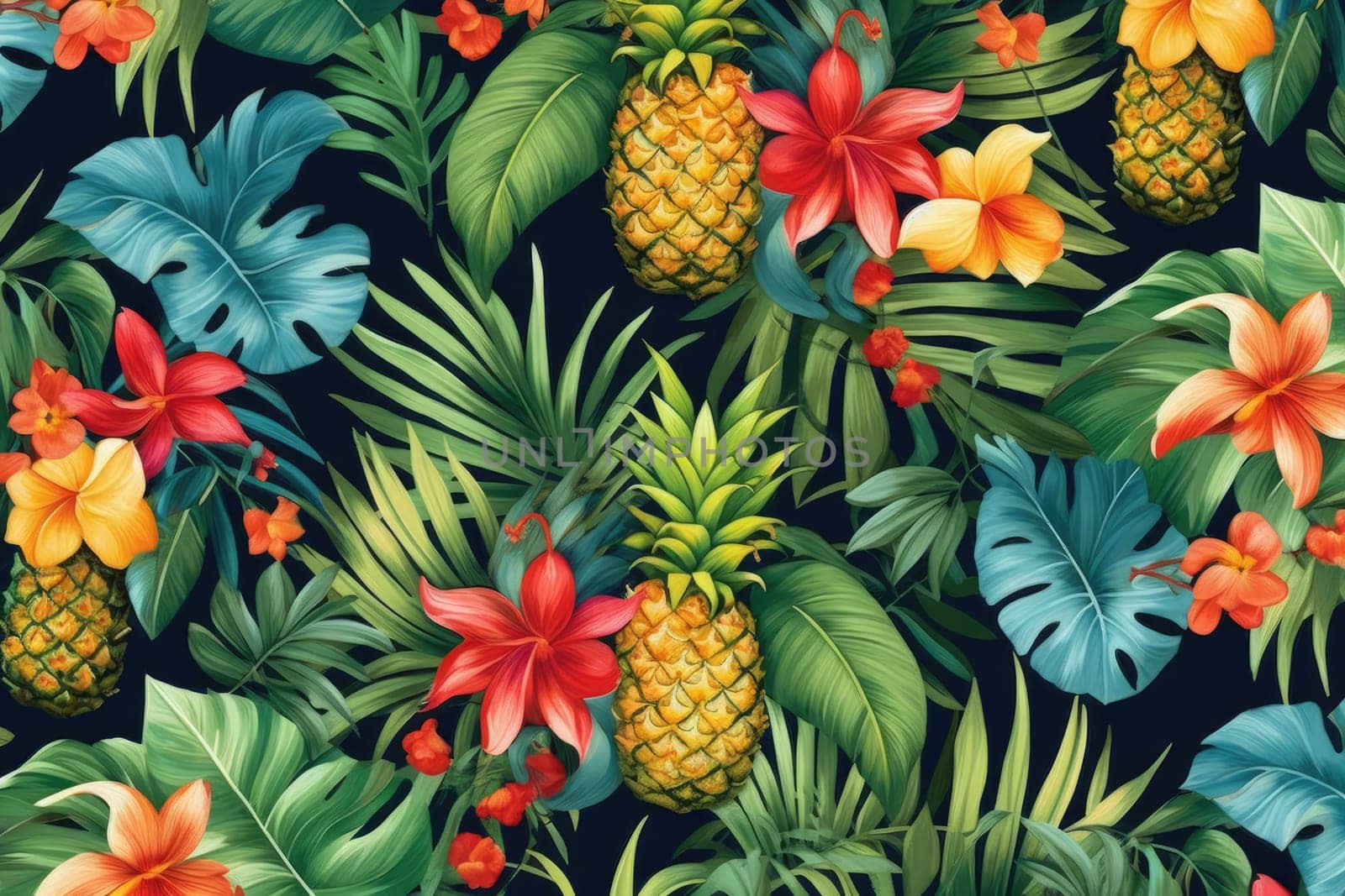 Tropical exotic pattern with animal and flowers in bright colors and lush vegetation. Ai Generative