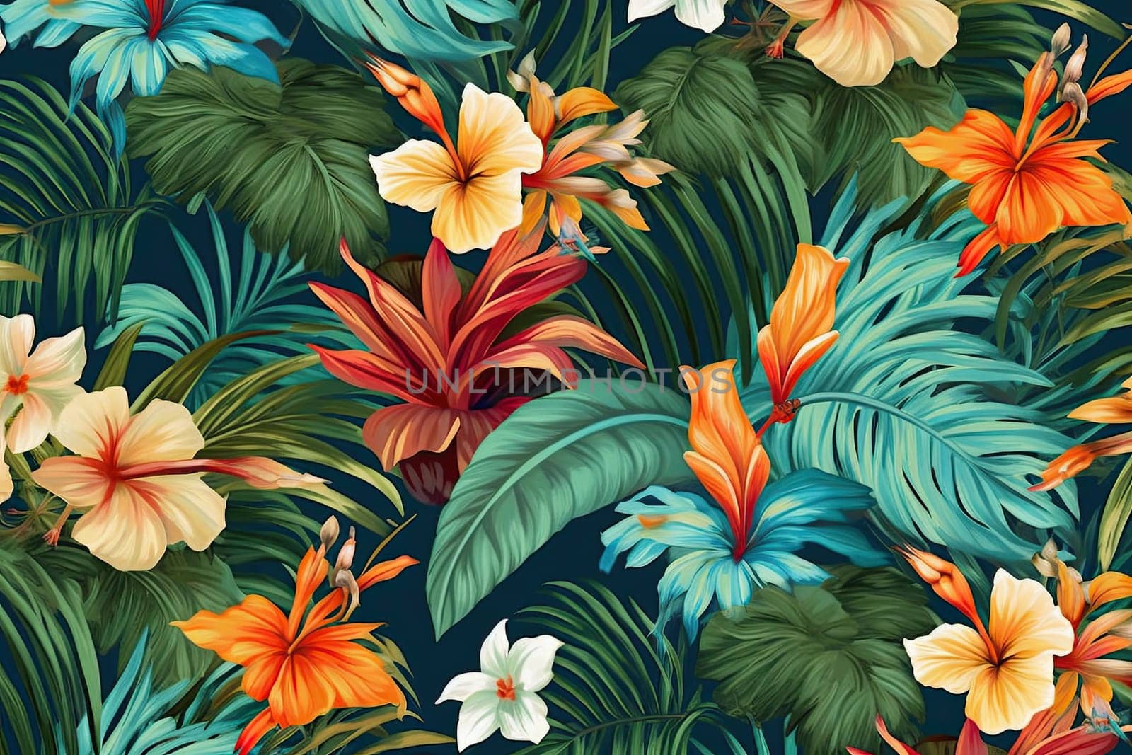 Tropical exotic pattern with animal and flowers in bright colors and lush vegetation. Ai Generative. by Benzoix