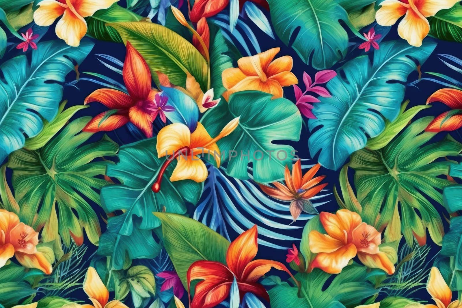 Tropical exotic pattern with animal and flowers in bright colors and lush vegetation. Ai Generative