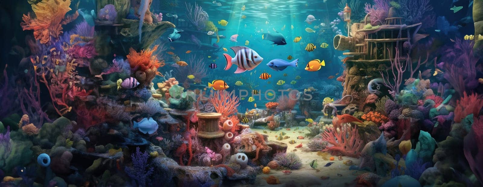 Tropical sea underwater fishes on coral reef. Aquarium oceanarium wildlife colorful marine panorama landscape nature snorkel diving. AI Generative