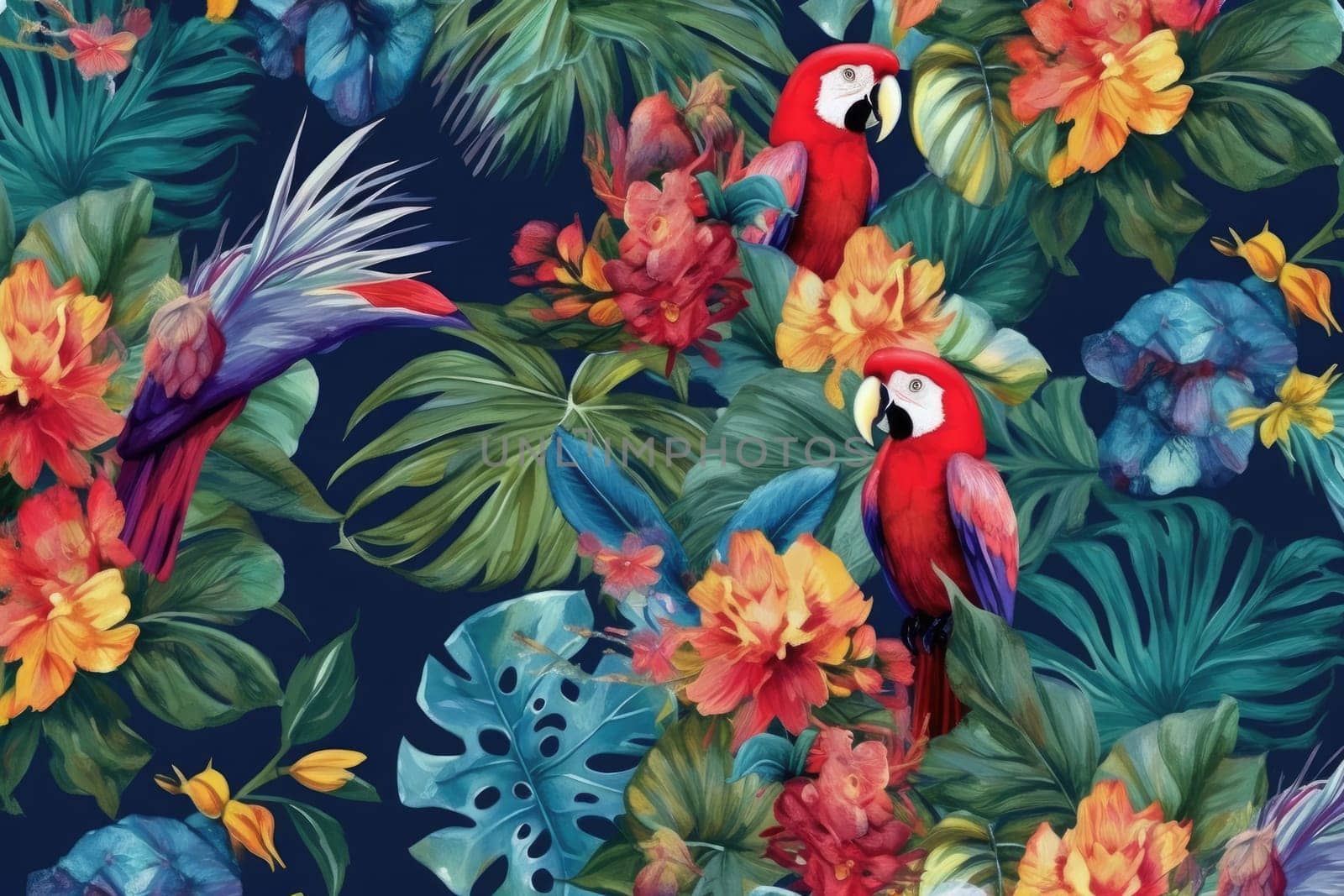 Tropical exotic pattern with animal and flowers in bright colors and lush vegetation. Ai Generative. by Benzoix