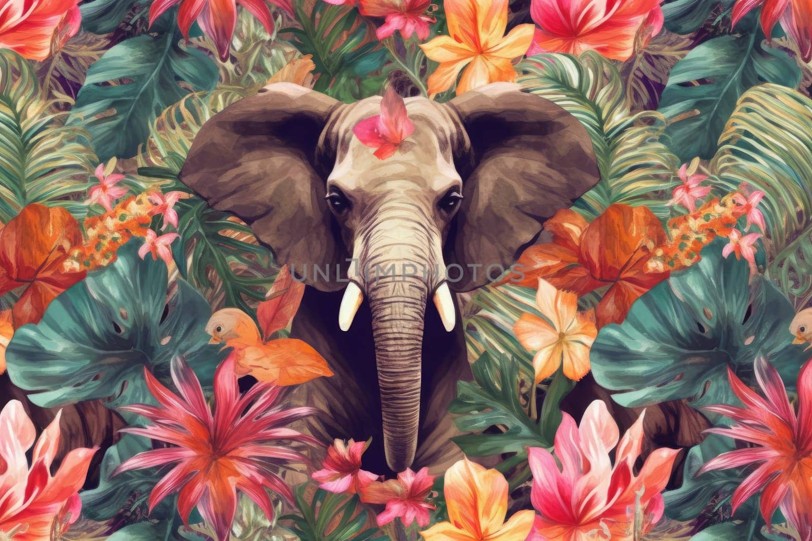 Tropical exotic pattern with animal and flowers in bright colors and lush vegetation. Ai Generative. by Benzoix